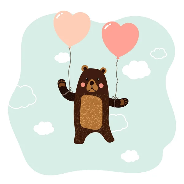 Oso Flotando Cielo Por Los Globos Del Corazón — Vector de stock