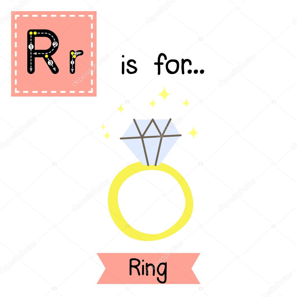 Cute children ABC alphabet R letter tracing flashcard of Ring for kids learning English vocabulary in Valentines Day theme.