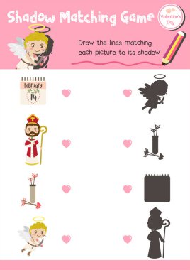 Sevgililer Günü temalı renkli A4 sürüm düzeninde anaokulu öğrencilerinin etkinlik çalışma tablosu için gölge eşleştirme oyunu.