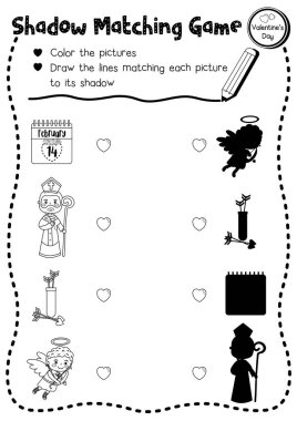 Sevgililer Günü tema renklendirme temalı A4 sürüm düzeninde anaokulu öğrencilerinin etkinlik çalışma tablosu için gölge eşleştirme oyunu.