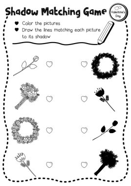 Sevgililer Günü temalı basılabilir sürüm düzeni A4 'teki Sevgililer Günü etkinlik çalışma tablosu için çiçek eşleştirme oyunu.