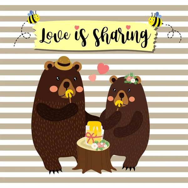 Love Sharing Quote Cute Couple Orsi Mangiare Miele Vicino Tronco — Vettoriale Stock