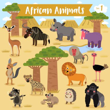 Afrika manzaralı Afrika Hayvanları çizgi filmi, Vektör illüstrasyonu. 