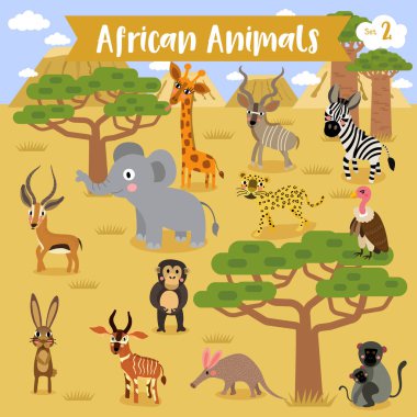 African Animals cartoon with africa landscape background, Vector illustration.  clipart