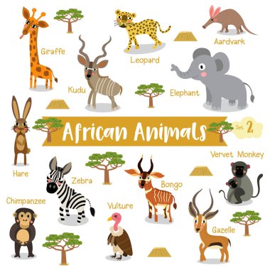 African Animals cartoon on white background with animal name, Vector illustration.  clipart