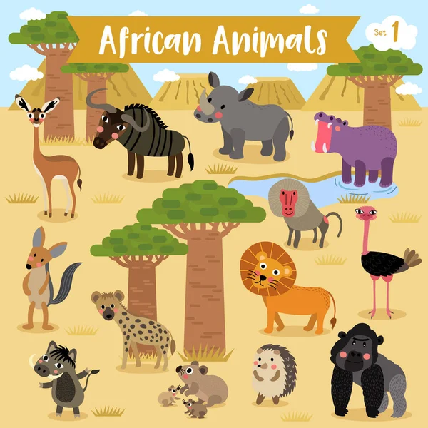 Dibujos Animados Animales Africanos Con Fondo Paisaje África Ilustración Vectorial — Vector de stock