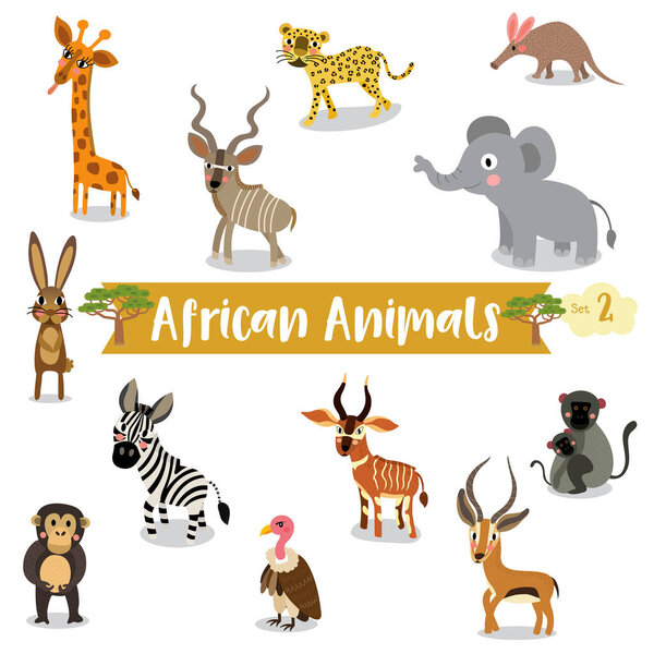 African Animals cartoon on white background, Vector illustration. 