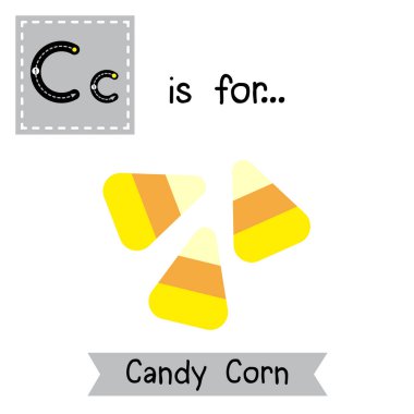 Tatlı çocuklar için Abc alfabesi C harfi. Mutlu Cadılar Bayramı temasında İngilizce sözcük dağarcığı öğrenen çocuklar için Candy Corn 'un bilgi kartı..
