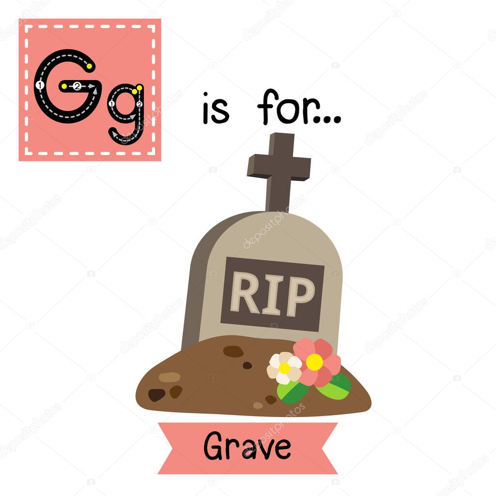 Cute children ABC alphabet G letter tracing flashcard of Grave for kids learning English vocabulary in Happy Halloween Day theme.