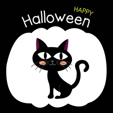 Tatlı Mutlu Cadılar Bayramı tasarım konsepti. Poster, pankart, parti davetiyesi ve tebrik kartı için kabak kabağı siluetinde oturan siyah kedi. Vektör İllüstrasyonu.