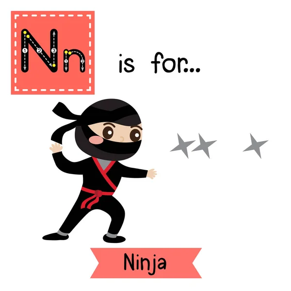 Lindos Niños Abc Alfabeto Carta Rastreo Flashcard Negro Ninja Estrellas — Vector de stock