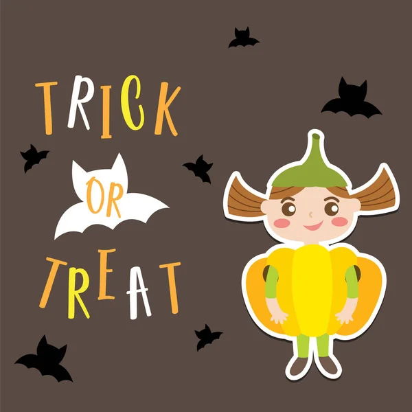 Cute Halloween Trick Treat Designkonzept Mit Mädchen Kürbiskostüm Und Schwarzen — Stockvektor