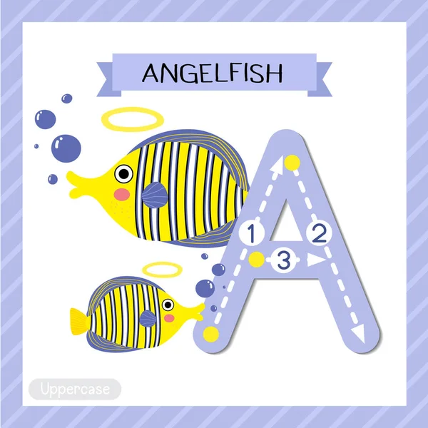 手紙かわいい子供カラフルな動物園や動物子供のためのAngelfishのフラッシュカードを追跡するAbcのアルファベット英語の語彙や手書きのベクトルイラスト — ストックベクタ