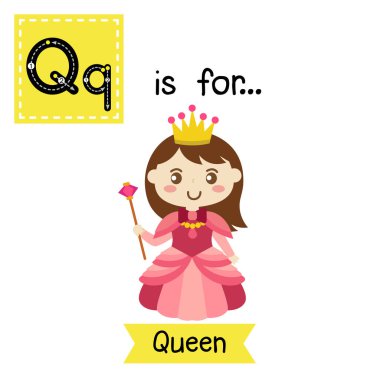Tatlı çocuklar için Abc alfabe Q harfi. Cadılar Bayramı temalı İngilizce kelime bilgisi öğrenen çocuklar için Queen 'in hafıza kartını takip ediyor. Vektör illüstrasyonu.