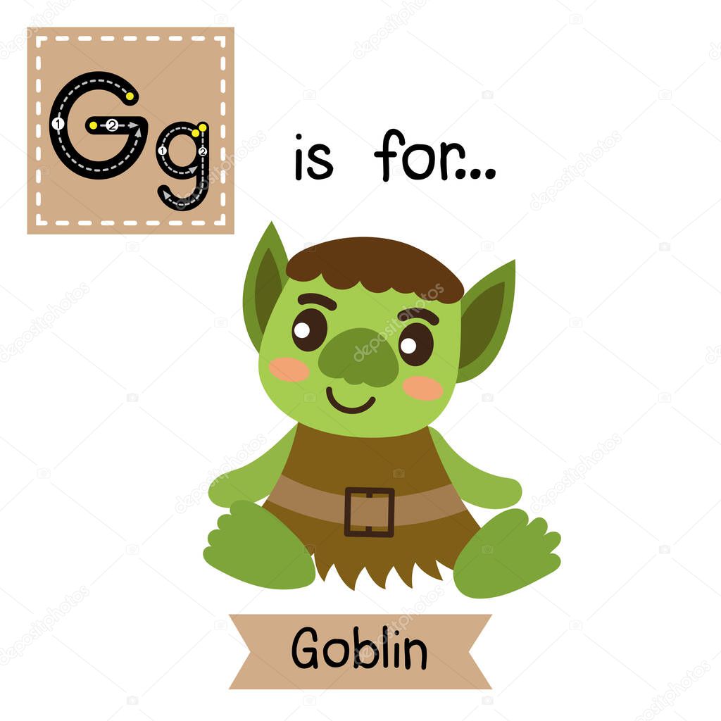 Cute children ABC alphabet G letter tracing flashcard of green Goblin for kids learning English vocabulary in Happy Halloween Day theme. Vector illustration.
