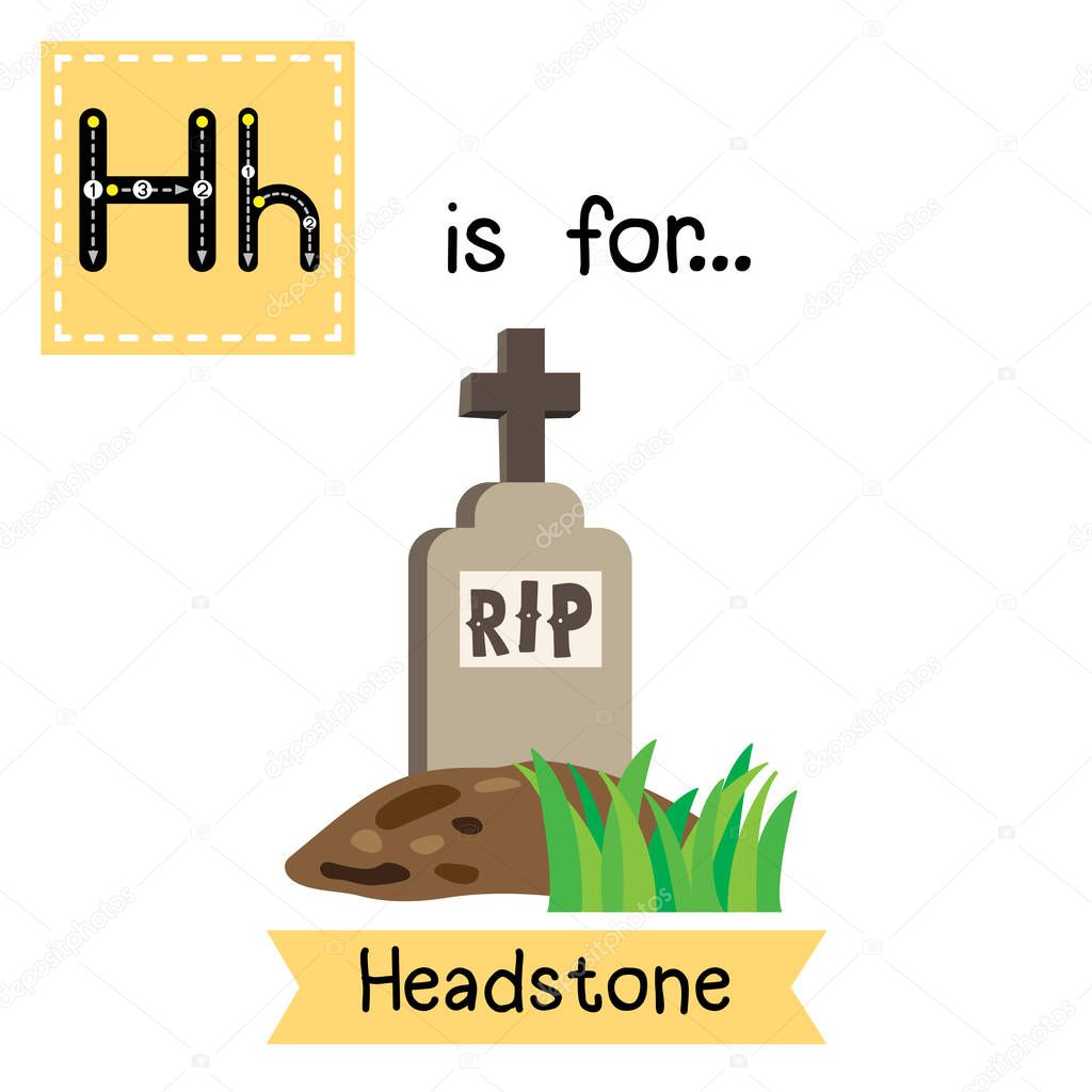 Cute children ABC alphabet H letter tracing flashcard of Headstone for kids learning English vocabulary in Happy Halloween Day theme. Vector illustration.