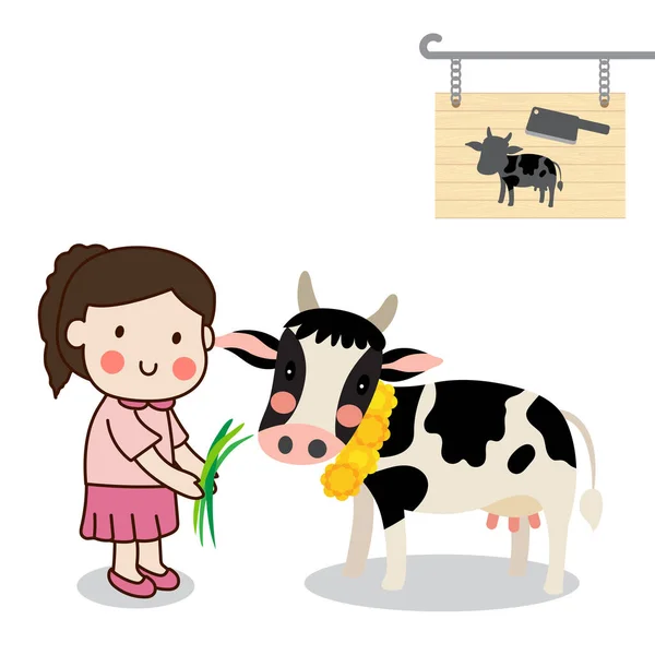 喂牛和救牛的女孩都是在有白人背景的屠宰场里 — 图库矢量图片