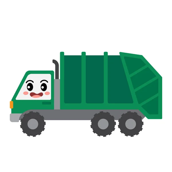 Garbage Truck Vervoer Cartoon Karakter Zijaanzicht Geïsoleerd Witte Achtergrond Vector — Stockvector