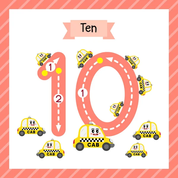 Lindos Niños Flashcard Número Diez Rastreo Con Taxi Amarillo Para — Archivo Imágenes Vectoriales