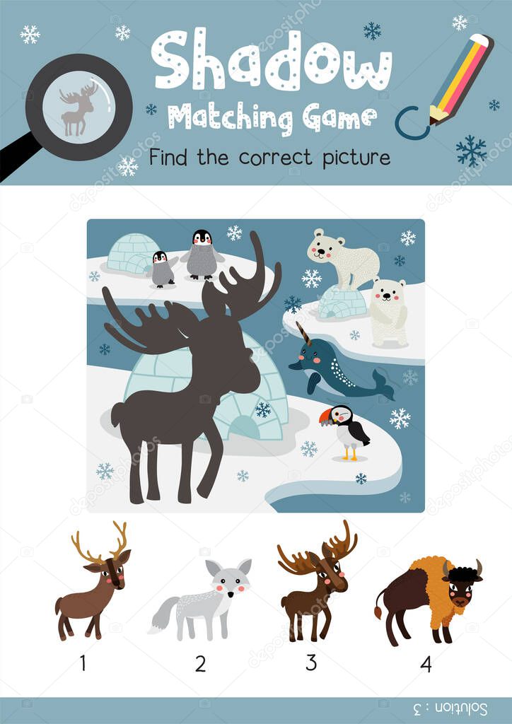 Shadow matching game by finding the correct picture of Standing Moose animals for preschool kids activity worksheet colorful printable version layout in A4 vector illustration.