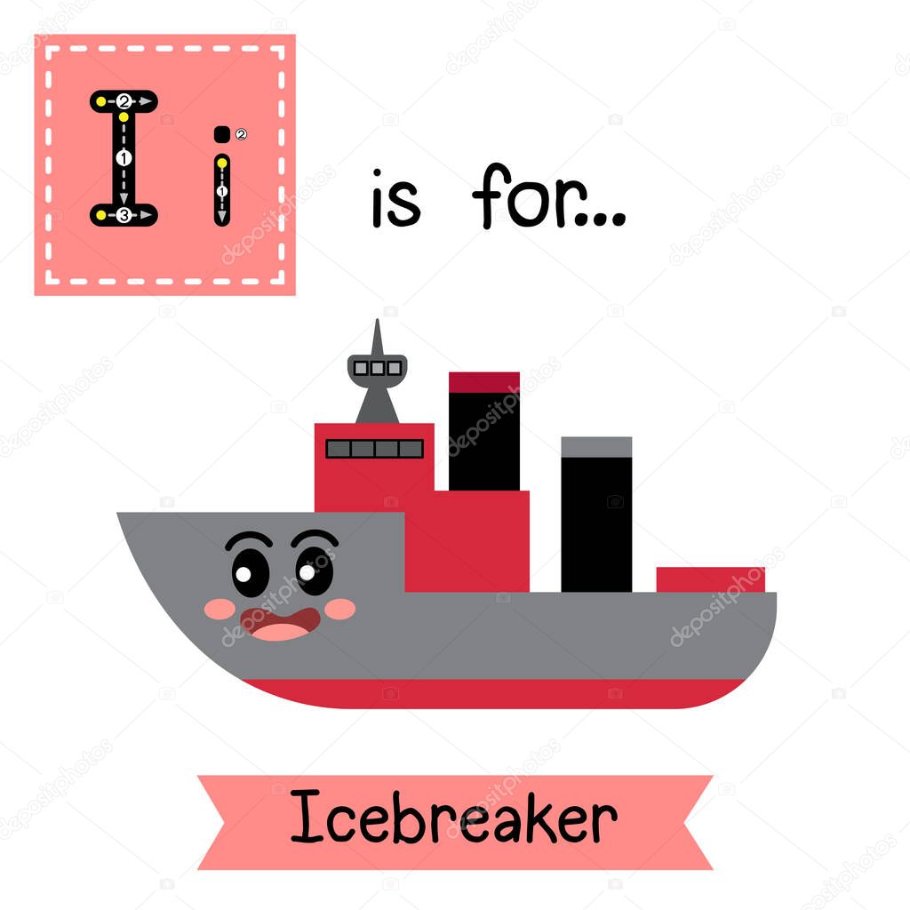 Letter I cute children colorful transportations ABC alphabet tracing flashcard of Icebreaker for kids learning English vocabulary Vector Illustration.
