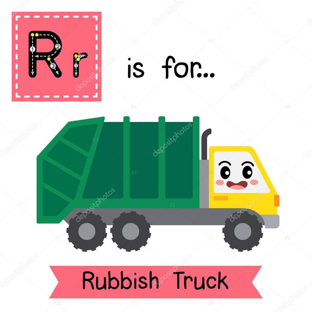 Letter R cute children colorful transportations ABC alphabet tracing flashcard of Rubbish Truck for kids learning English vocabulary Vector Illustration.
