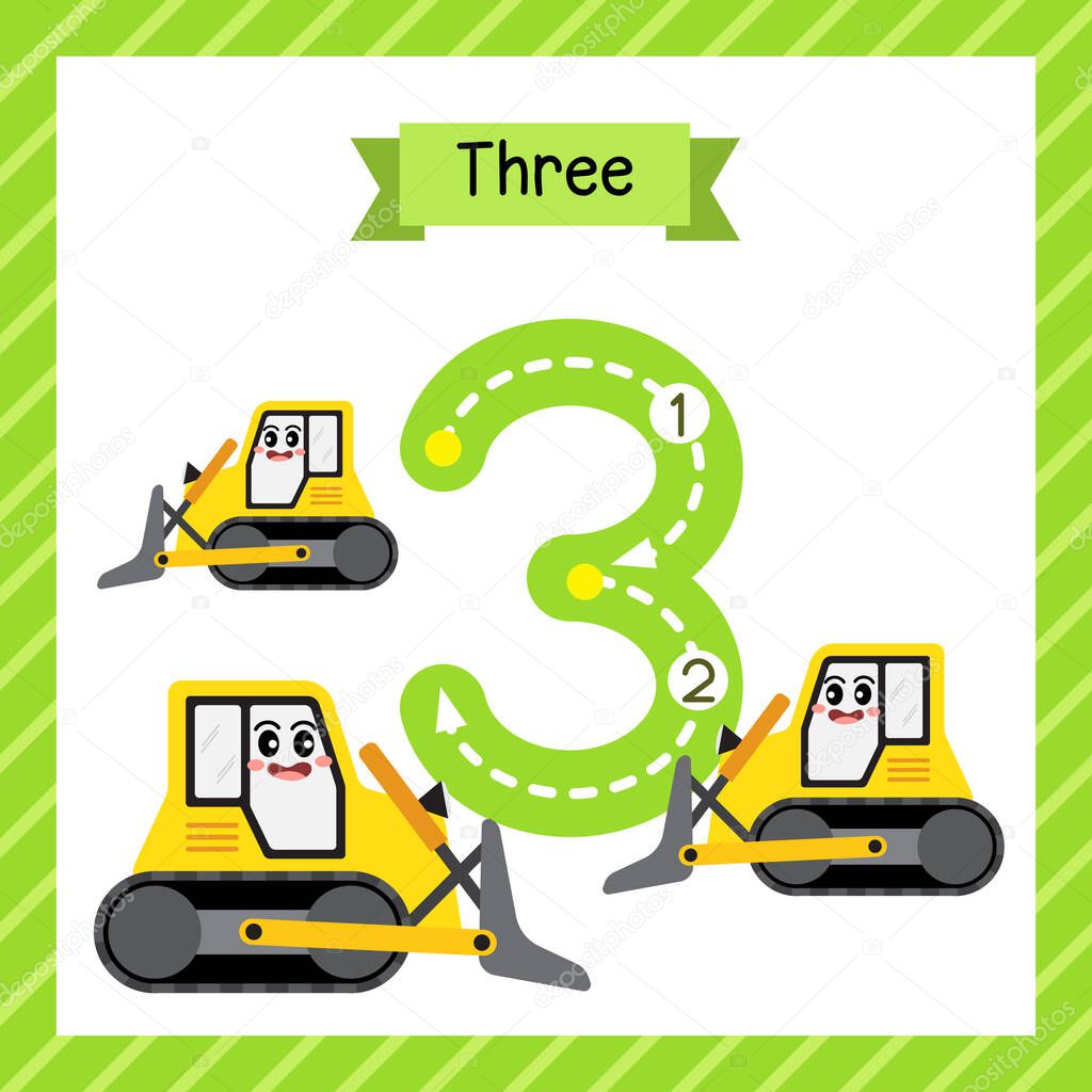 Cute children Flashcard number three tracing with 3 Bulldozers for kids learning to count and to write.