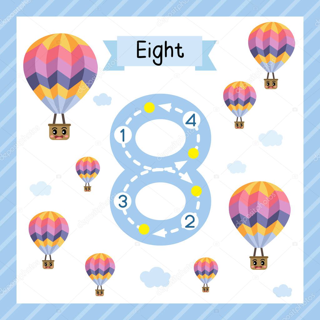 Cute children Flashcard number eight tracing with 8 Hot Air Balloons for kids learning to count and to write.