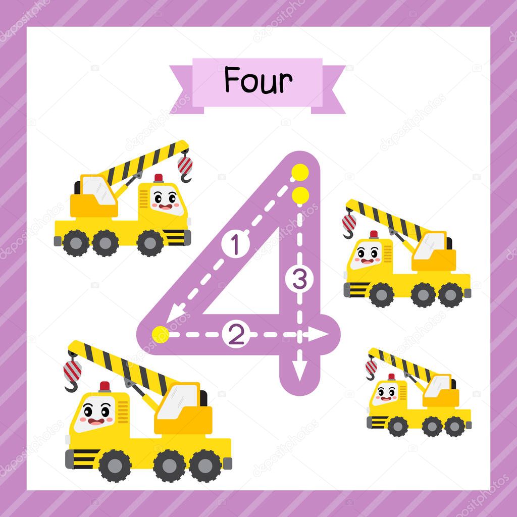 Cute children Flashcard number four tracing with 4 Cranes for kids learning to count and to write.