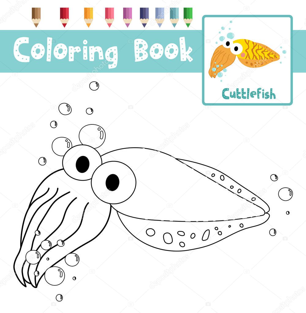 Coloring page of Cuttlefish animals for preschool kids activity educational worksheet. Vector Illustration.