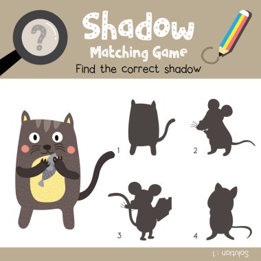 Gölge eşleştirme oyunu. Anaokulu öğrencileri için balık tutan Duran Kedi. Renkli versiyonu. Vektör İllüstrasyonu.