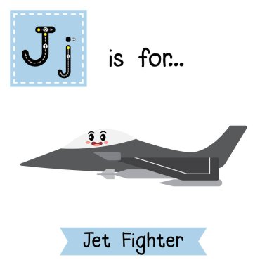 J harfi şirin çocuklar renkli taşımacılık. Jet Fighter 'ın İngilizce kelime vektör ilüstrasyonunu öğrenen çocuklar için kullandığı flaş kart..
