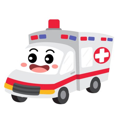 Ambülans ulaşım çizgi film karakteri görünümü beyaz arkaplan vektör illüstrasyonunda izole.