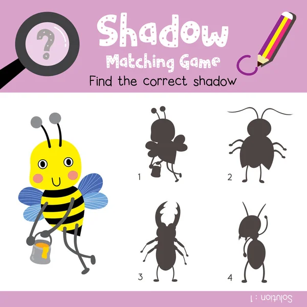 就学前の子供の活動のワークシートのカラフルなバージョンのための蜂蜜の動物の瓶で飛んでいるビッグビーの影のマッチングゲーム ベクターイラスト — ストックベクタ