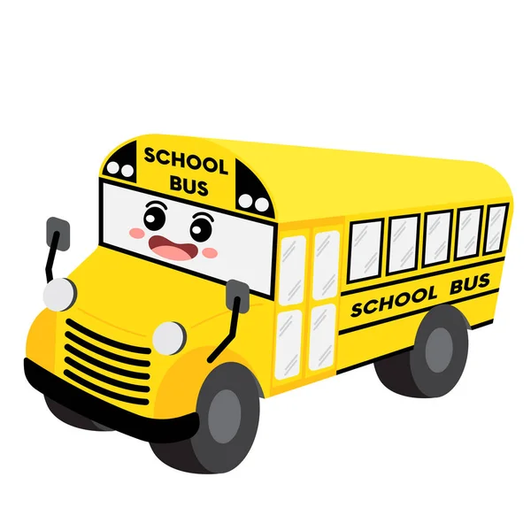 School Bus Vervoer Cartoon Karakter Perspectief Uitzicht Geïsoleerd Witte Achtergrond — Stockvector