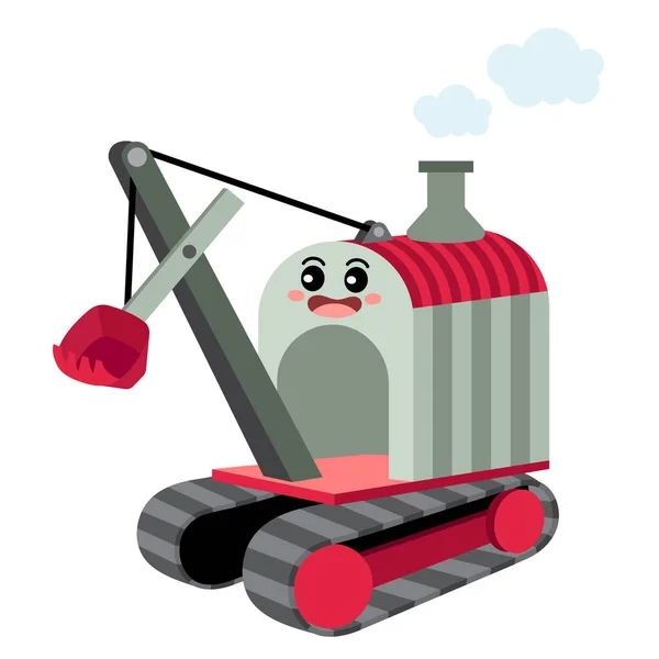 Steam Shovel Transportation Cartoon Character Perspective View Isolated White Background — Stock Vector