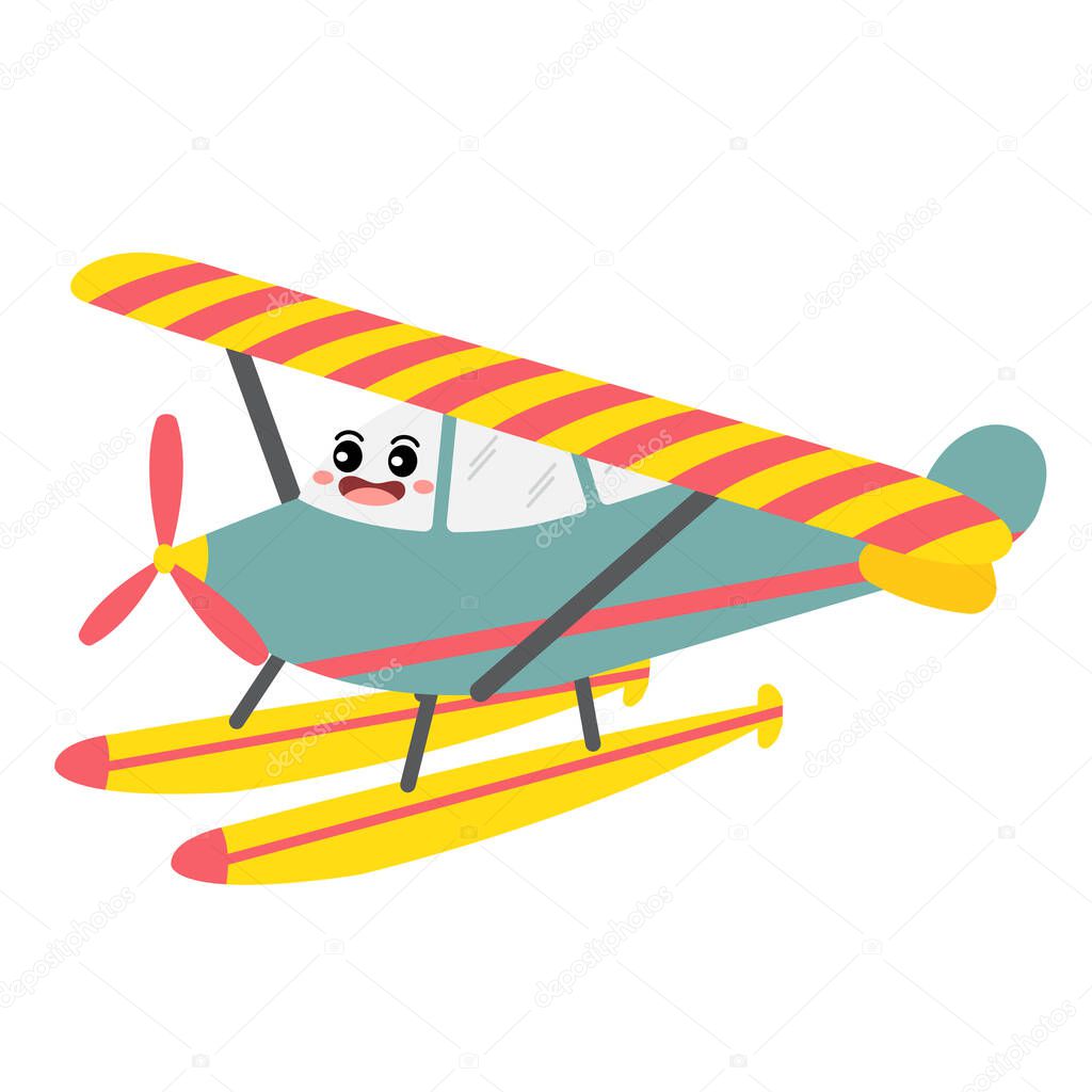 Seaplane transportation cartoon character perspective view isolated on white background vector illustration.
