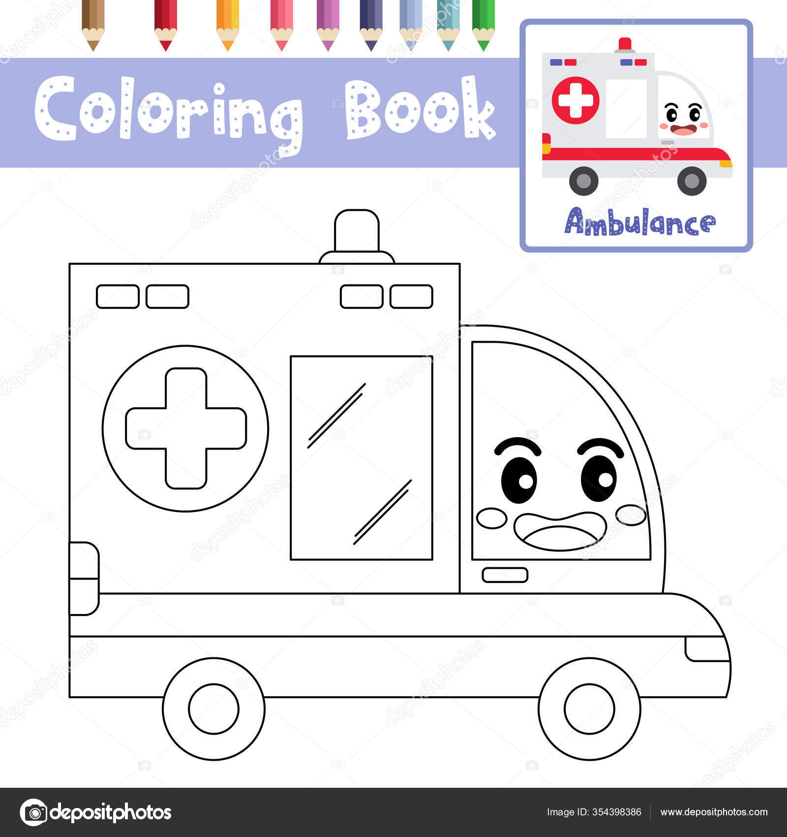Coloring Page Cute Ambulance Cartoon Character Side View Transportations  Preschool Stock Vector Image by ©natchapohn #354398386