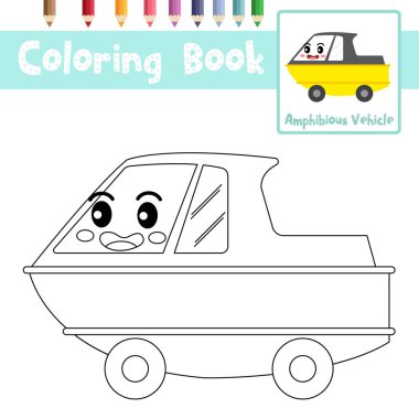 Coloring page of cute Amphibious Vehicle cartoon character side view transportations for preschool kids activity educational worksheet. Vector Illustration. clipart
