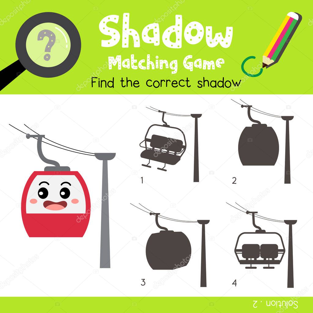 Shadow matching game of Aerial Tramway side view transportations for preschool kids activity worksheet colorful version. Vector Illustration.