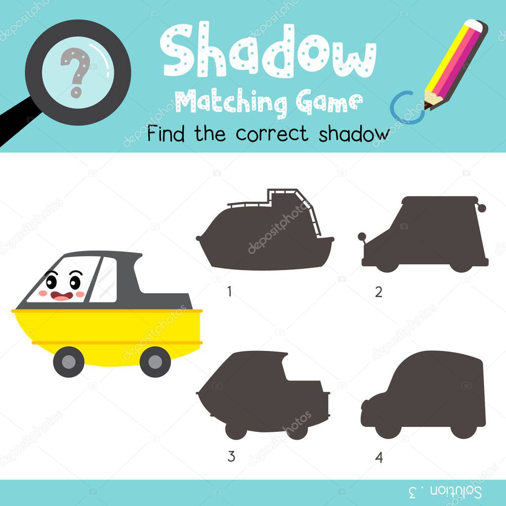 Shadow matching game of Amphibious Vehicle side view transportations for preschool kids activity worksheet colorful version. Vector Illustration.