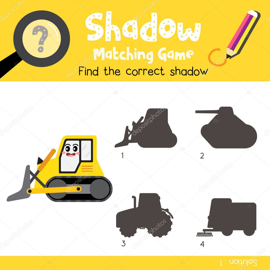 Shadow matching game of Bulldozer side view transportations for preschool kids activity worksheet colorful version. Vector Illustration.
