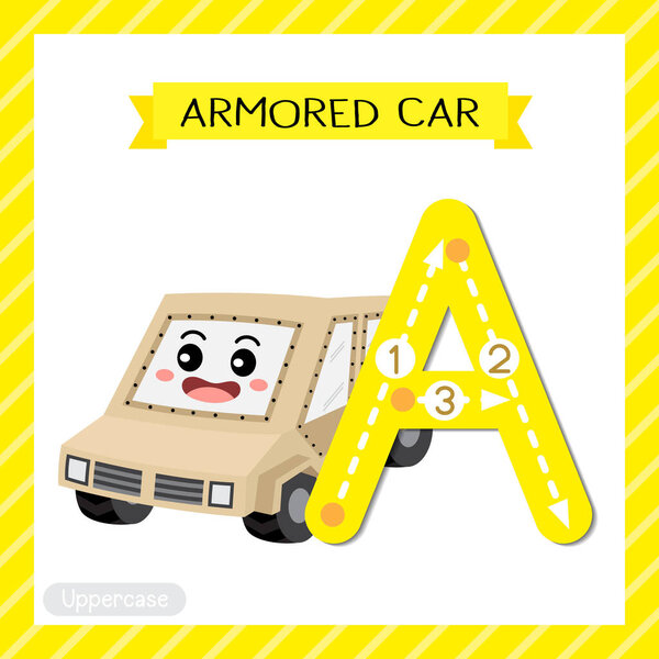 Letter A uppercase cute children colorful transportations ABC alphabet tracing flashcard of Armored Car for kids learning English vocabulary and handwriting Vector Illustration.