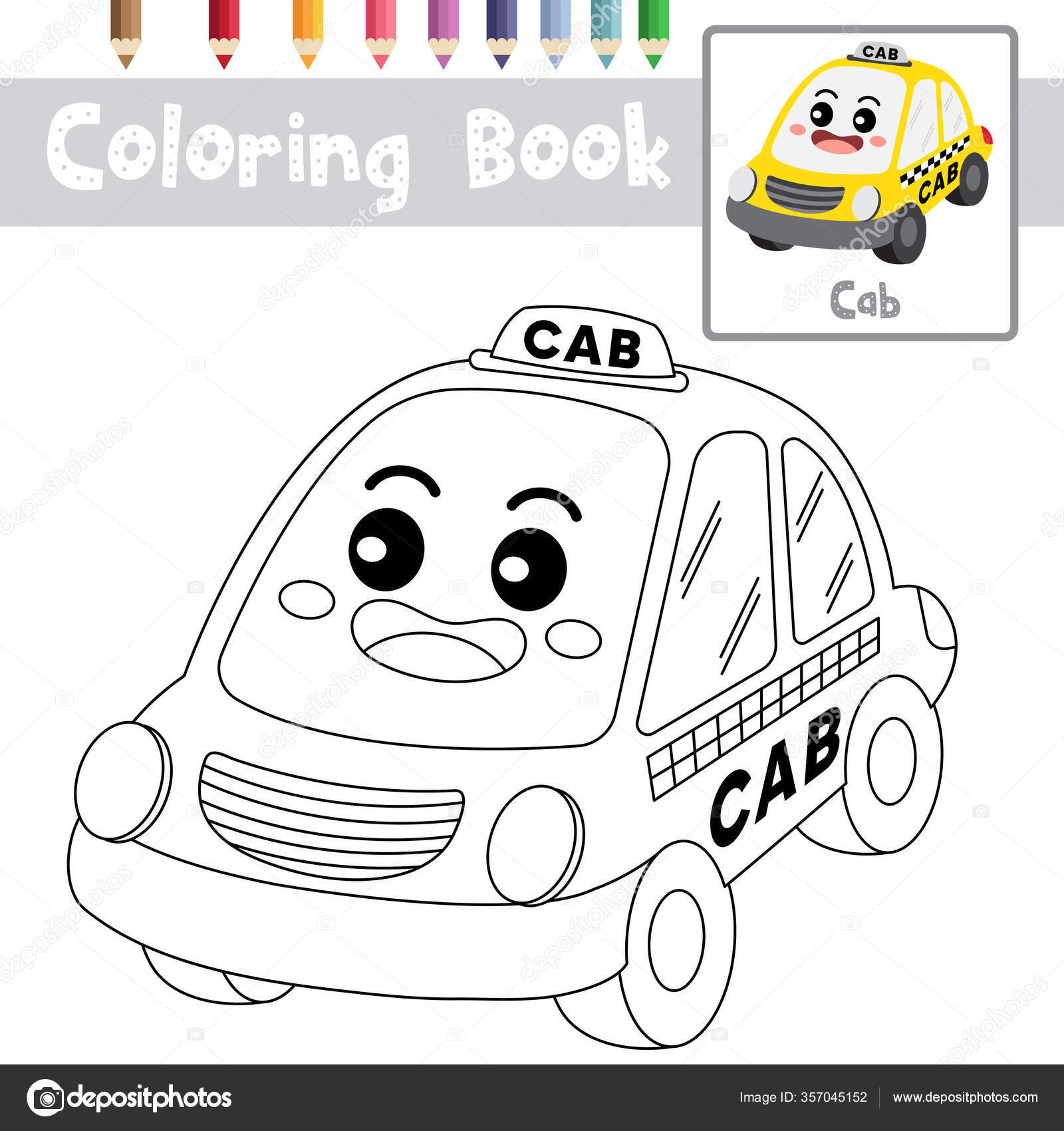 Coloring Page Cute Cab Cartoon Character Perspective View Transportations  Preschool Stock Vector Image by ©natchapohn #357045152