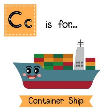 C harfi şirin çocuklar renkli taşımacılık ABC alfabesi konteyner gemisinin İngilizce kelime vektör ilüstrasyonunu öğrenen çocuklar için bilgi kartı.