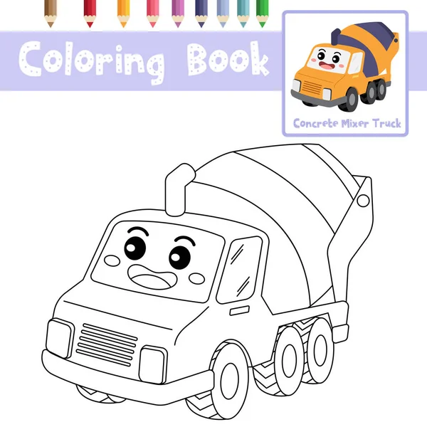 Disegno Colorare Carino Concrete Mixer Truck Personaggio Cartone Animato Prospettiva — Vettoriale Stock