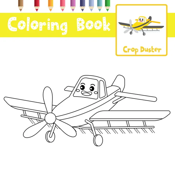 Coloring Page Cute Crop Duster Cartoon Character Perspective View Transportations — Stock Vector