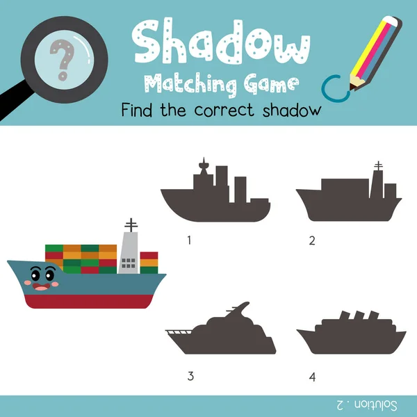Stín Odpovídající Hra Container Ship Kreslený Znak Boční Pohled Přepravy — Stockový vektor