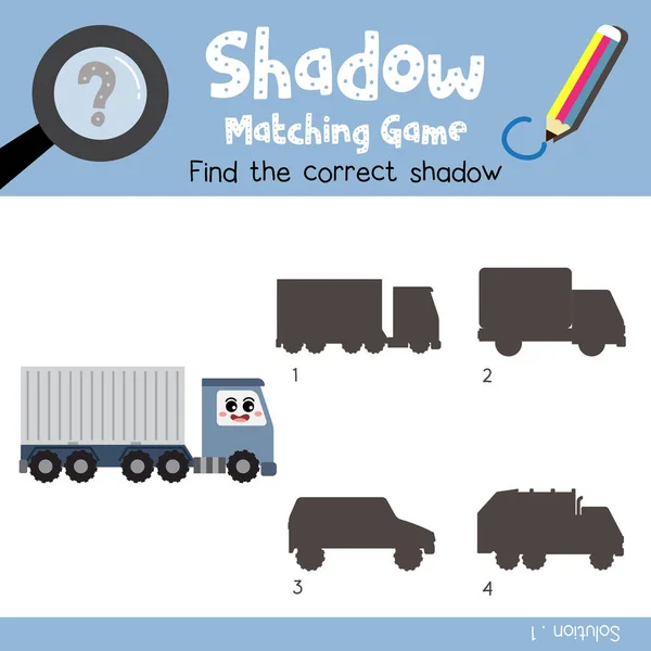 Shadow Matching Spel Van Container Truck Cartoon Karakter Zijaanzicht Transporten — Stockvector