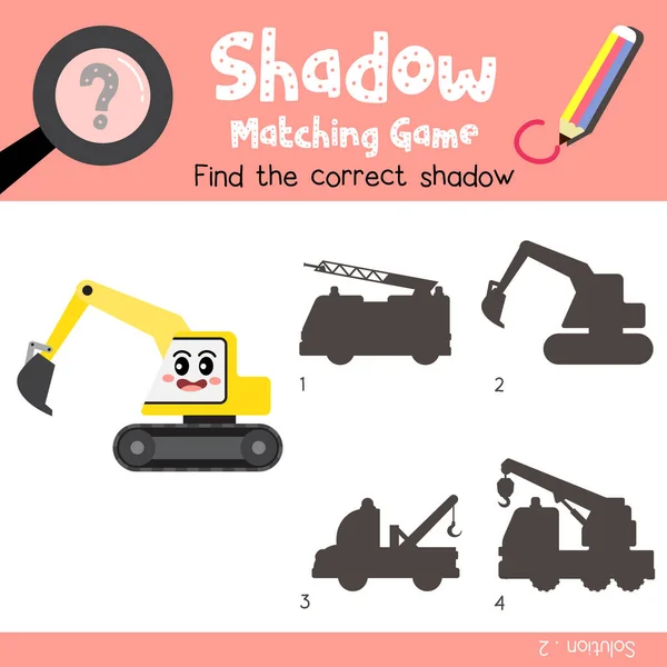 Shadow Matching Game Excavator Cartoon Character Side View Transportations Preschool — Stock Vector